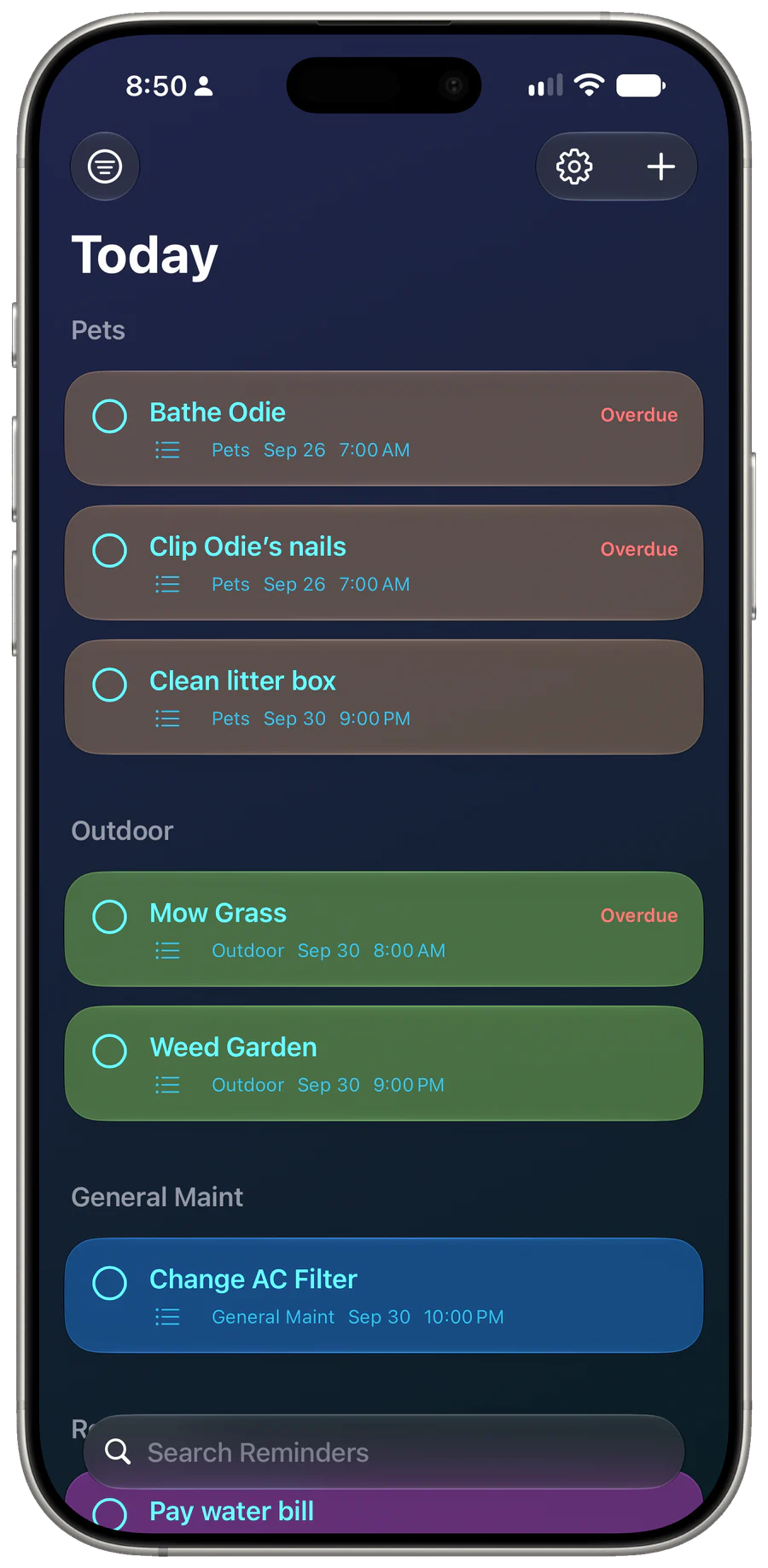 Widgetminder on iPhone grouping today’s reminders by list
