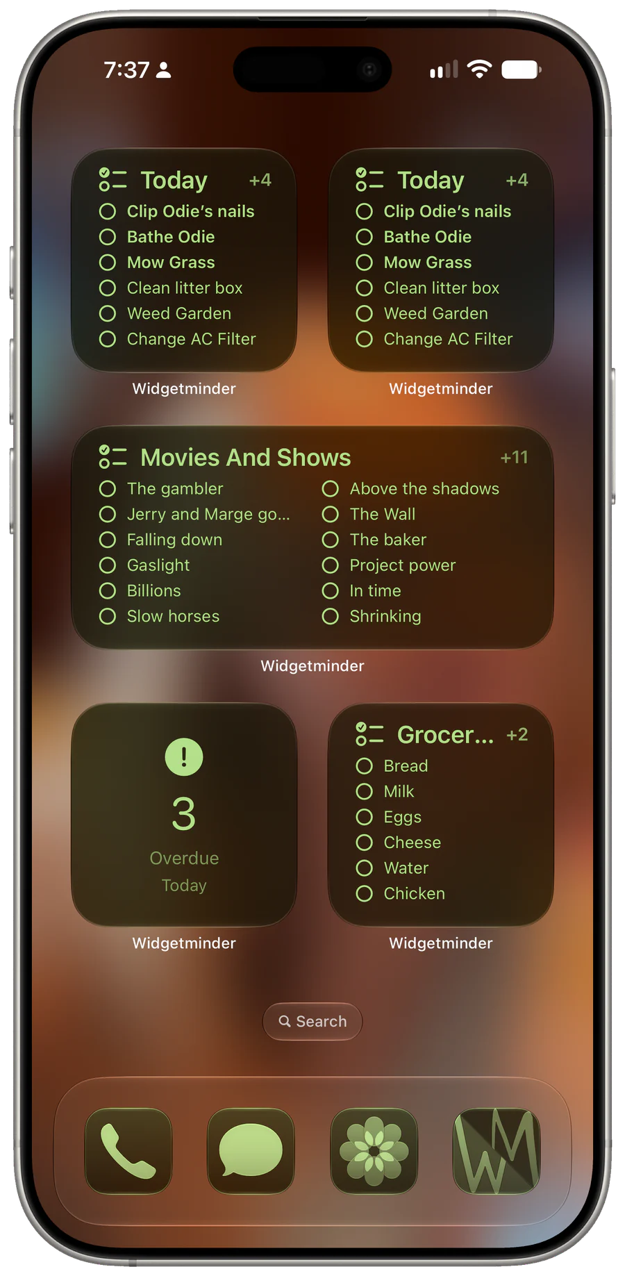 Widgetminder Home Screen widgets using an adaptive green tint
