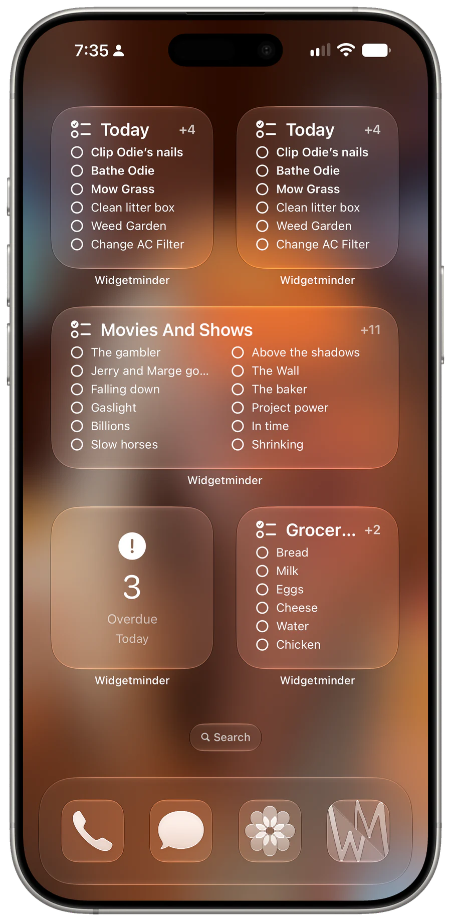 Widgetminder Home Screen widgets using the Clear appearance