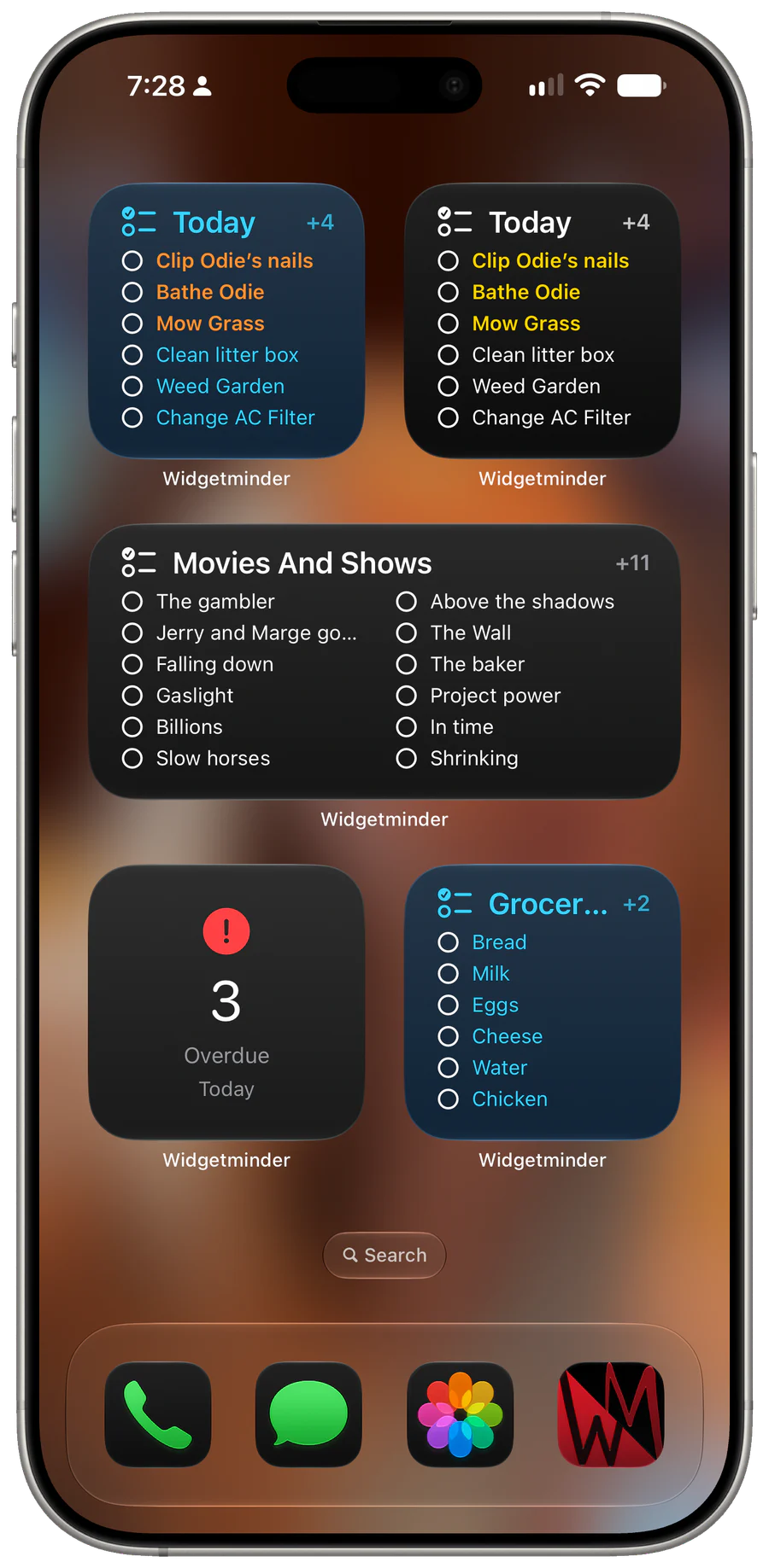 Widgetminder Home Screen widgets in several sizes and color styles
