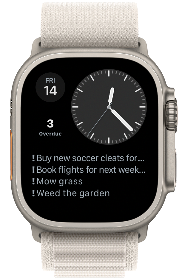 Apple Watch showing Widgetminder — Large text layouts